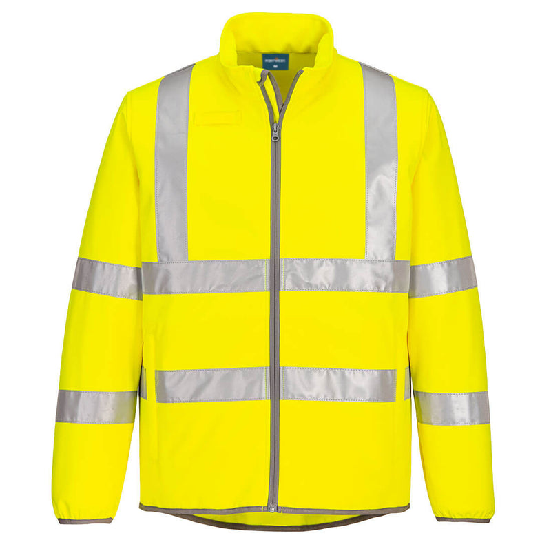 Eco-friendly yellow high-visibility softshell 2L jacket designed for comfort and visibility.
