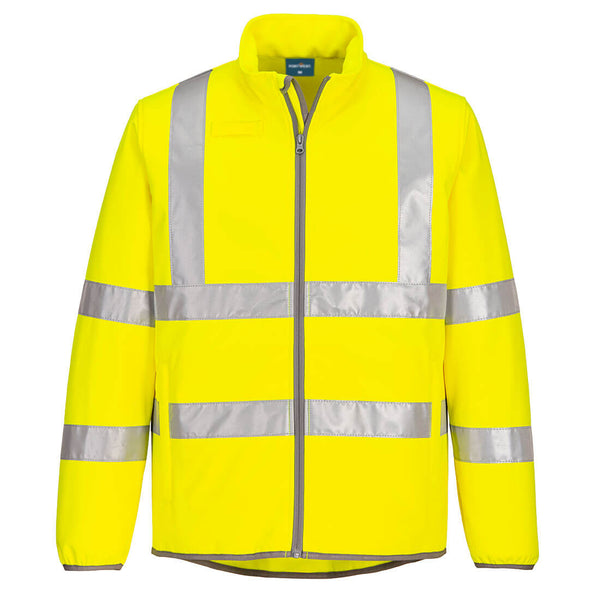 Eco-friendly yellow high-visibility softshell 2L jacket designed for comfort and visibility.
