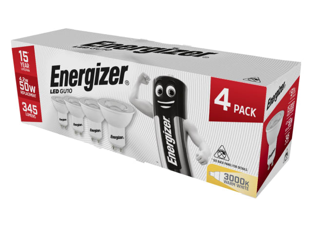 Energizer LED GU10 50° Non-Dimmable Bulb, Warm White 345 lm 4.2W (Pack 4)