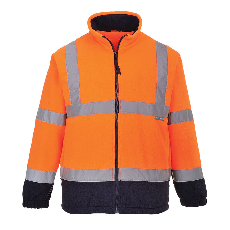 Orange high-visibility Portwest Contrast Fleece with navy accents for safety and style.
