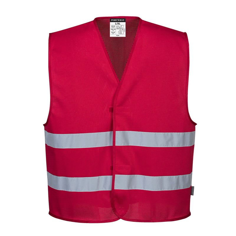 Red Portwest Meshaire Iona Vest featuring a breathable mesh fabric and reflective strip.