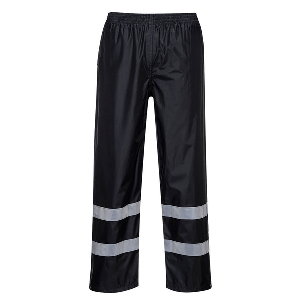 Portwest Classic Rain Trouser with reflective tape in black.