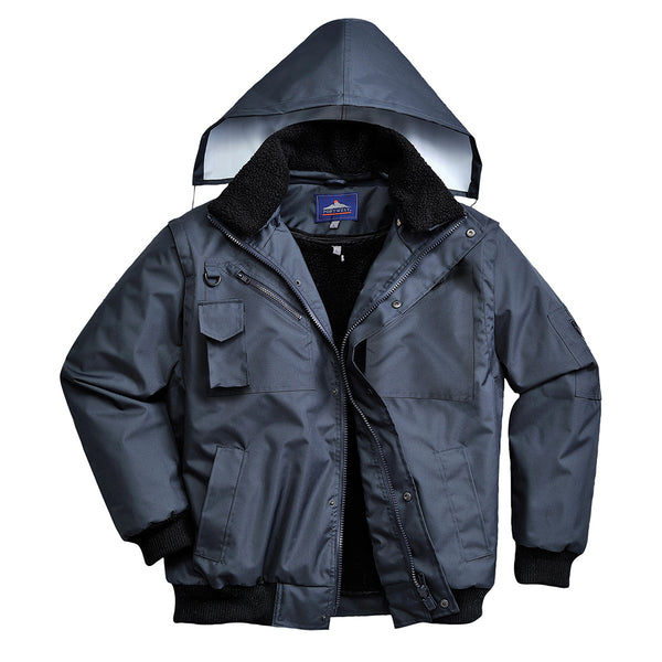 Navy blue Portwest 4-in-1 Bomber Jacket adapting to various weather conditions for optimal comfort.