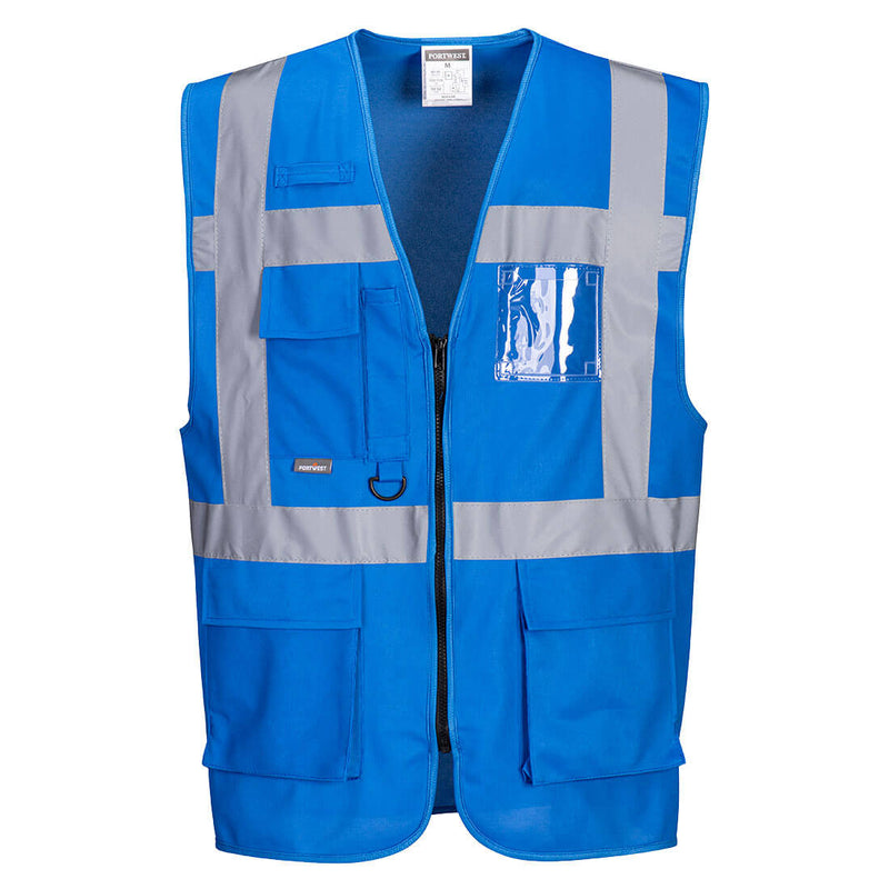 Red Portwest Iona Executive Vest with multiple pockets and reflective bands for professionals.