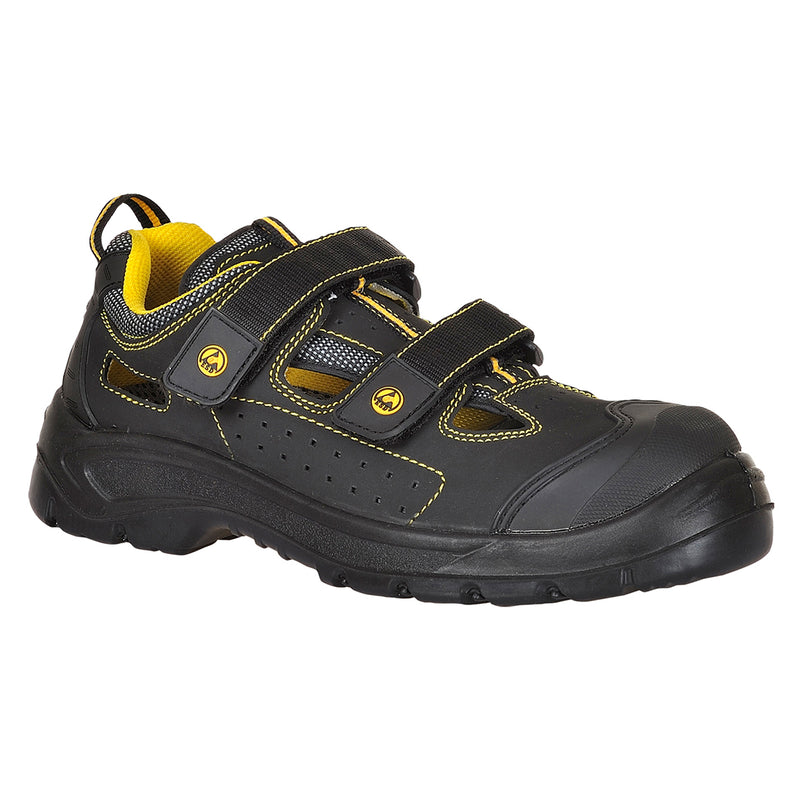Black ESD safety sandal with open sides, adjustable straps, and rugged sole