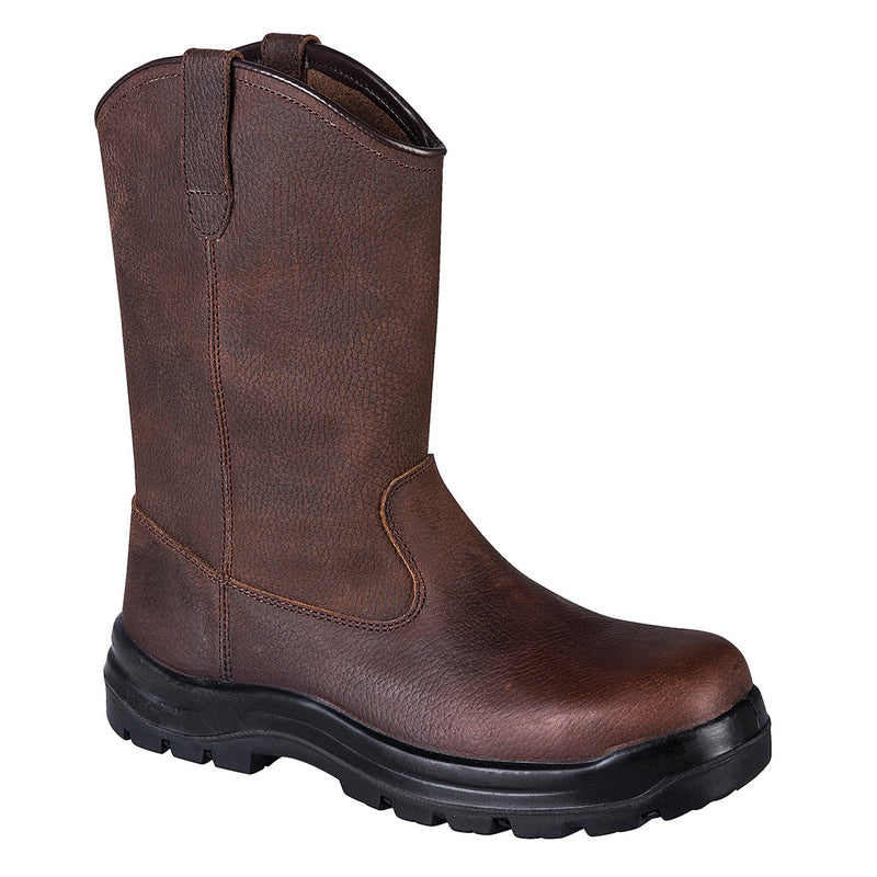 Brown rigger safety boot with pull-on loops and durable reinforced toe