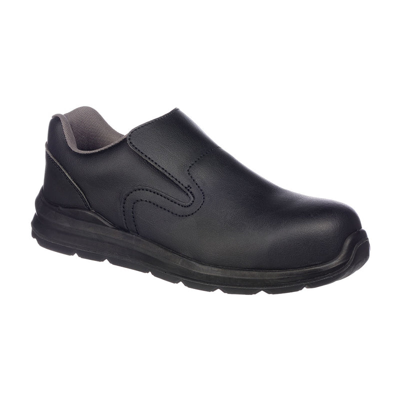 Black slip-on safety trainer with composite toe, elastic gussets, and lightweight design.