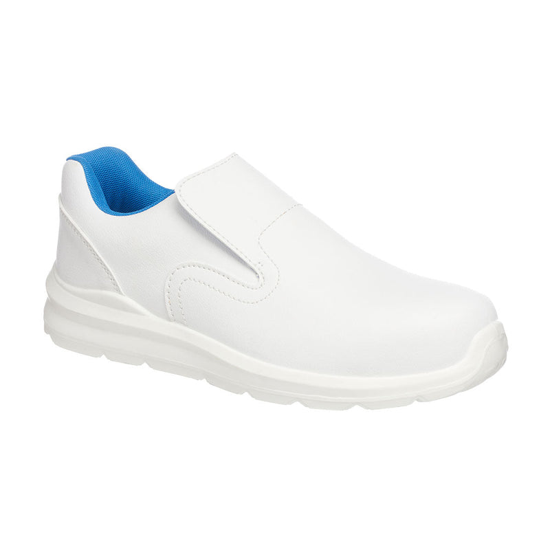 White slip-on safety trainer with composite toe, flexible sole, and easy-clean upper.