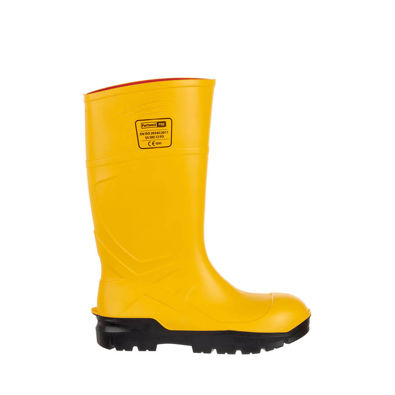 Yellow PU safety wellington with steel toe cap and anti-slip sole for industrial environments.