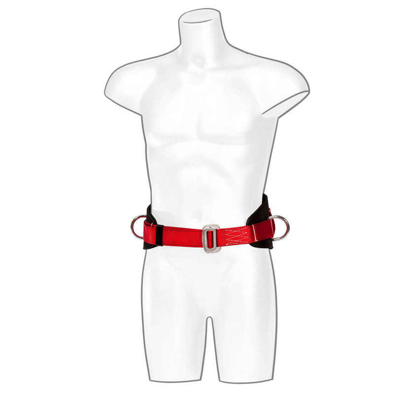 Black work positioning belt with padded support and adjustable buckle for safety harness use.