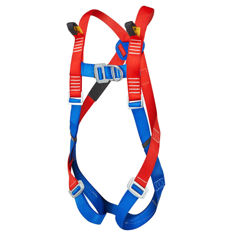 Red two-point safety harness with dorsal and chest attachment points for secure fitting.