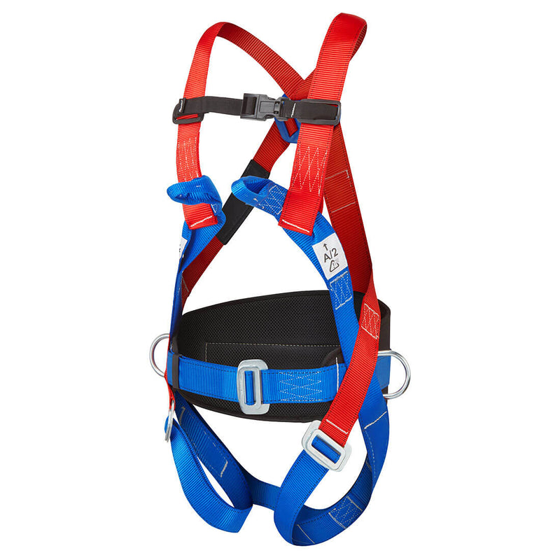 Red three-point comfort harness with adjustable straps and reinforced stitching.