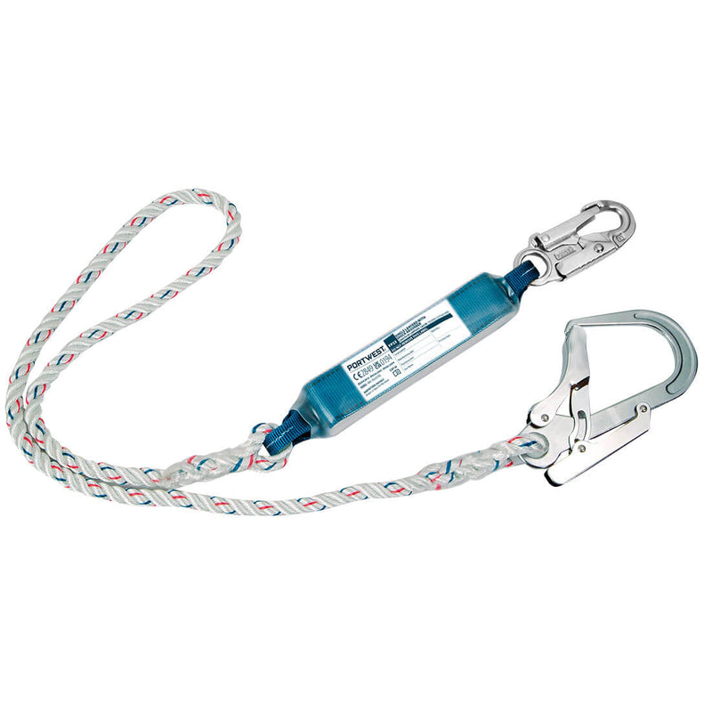 White single lanyard, 1.8 meters, with integrated shock absorber for fall protection.