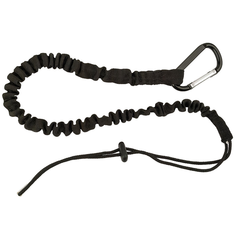 Black tool lanyard with elastic cord and secure clip for preventing tool drops at height