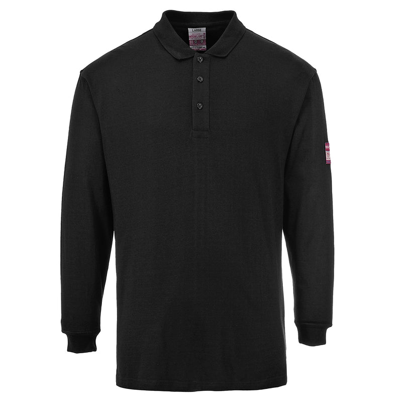 Black flame-resistant anti-static long-sleeve polo shirt designed for protection.