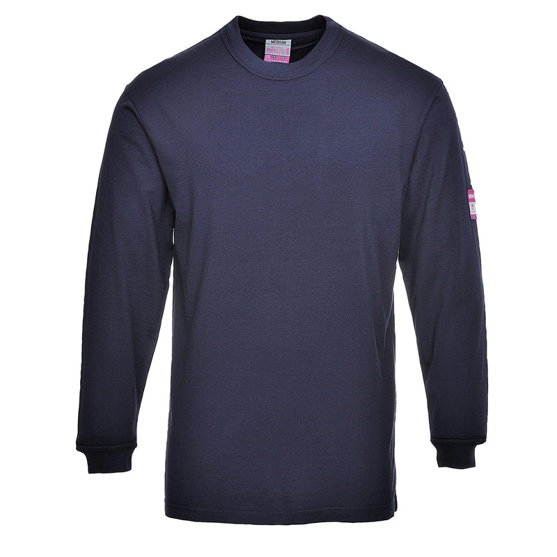 Navy flame-resistant anti-static long-sleeve t-shirt essential for worker safety.