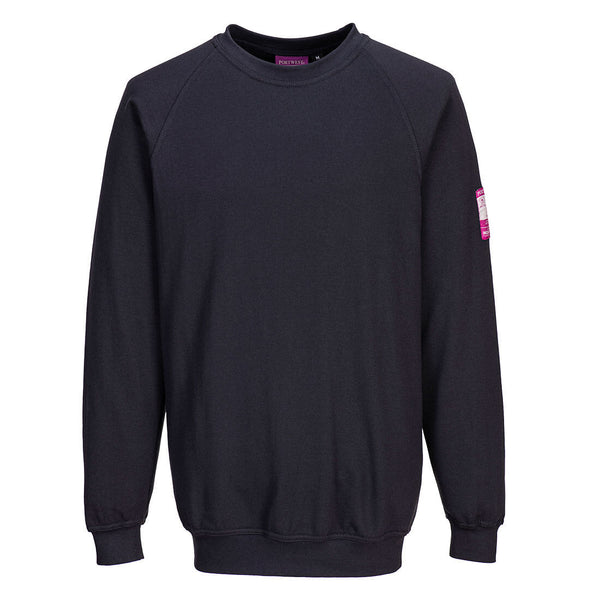Navy flame-resistant anti-static long-sleeve sweatshirt providing warmth and protection.