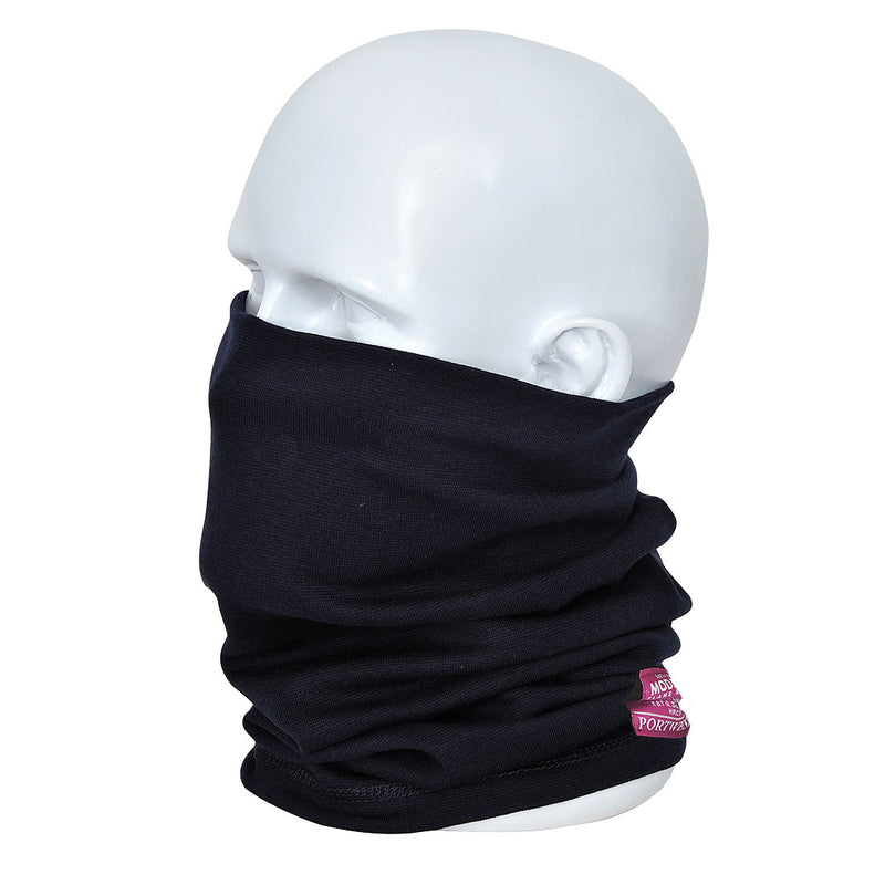 Navy flame-resistant anti-static neck tube a versatile accessory for safety.