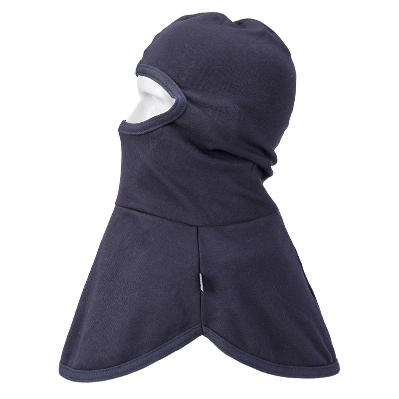 Navy flame-resistant anti-static balaclava hood for comprehensive head and face protection.
