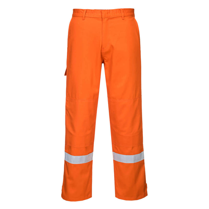 Studio shot of the orange Portwest Bizflame Plus Trouser with hi-vis reflective tape.