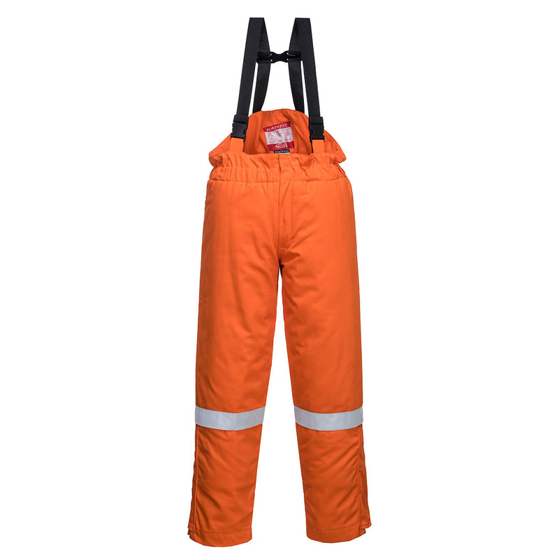 Portwest FR Anti-Static Winter Salopettes (FR58) in orange for high-visibility and warmth.