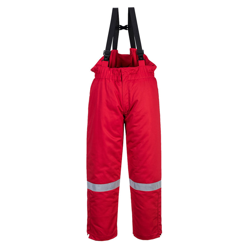 Portwest FR Anti-Static Winter Salopettes (FR58) in a vibrant red for enhanced visibility.