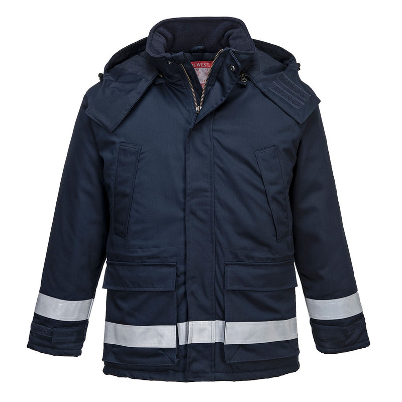 Navy Portwest FR Anti-Static Winter Jacket FR59 with quilt lining and dual hazard protection