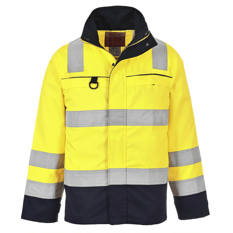 Yellow/Navy Portwest Hi-Vis Multi Norm Jacket FR61 designed for visibility and fire resistance