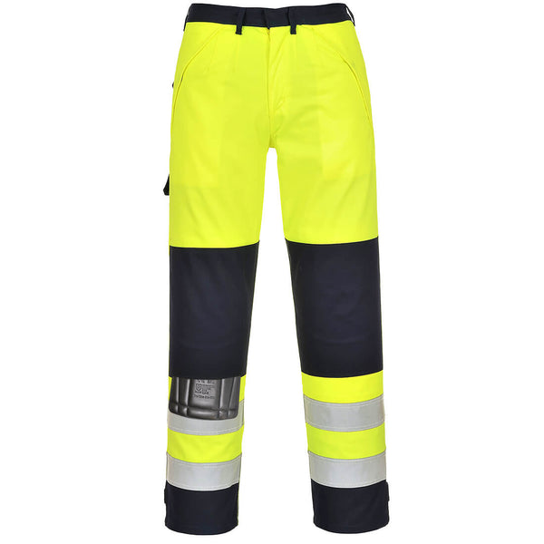Portwest Hi-Vis Multi-Norm Trousers FR62 in yellow and navy.