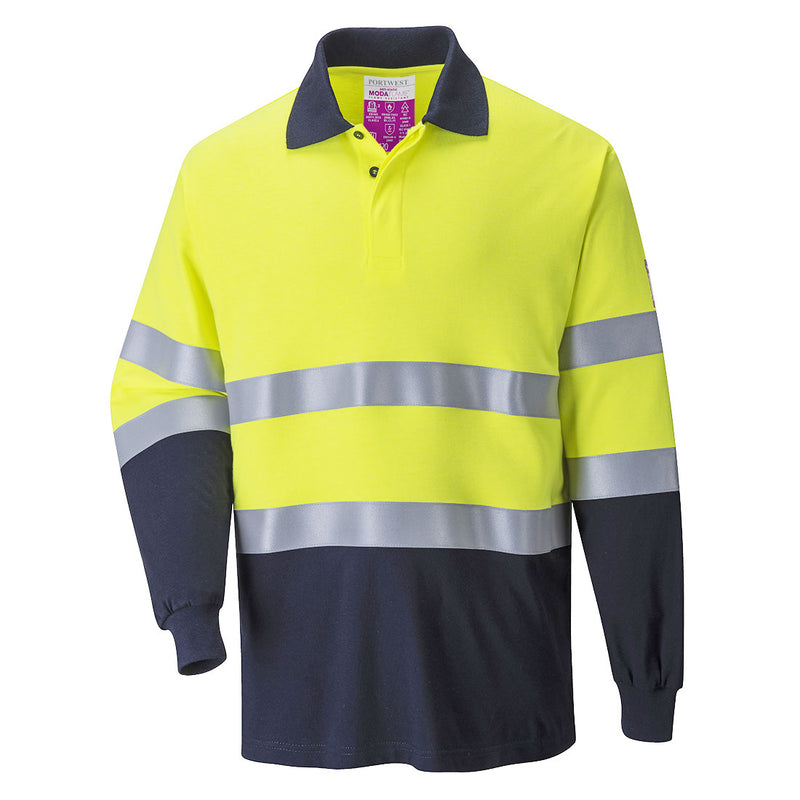 Yellow/Navy Portwest Two-Tone FR Polo Shirt FR74 designed for fire safety and comfort