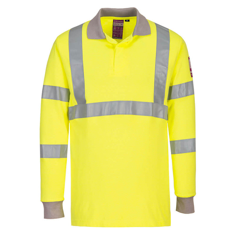 Yellow Portwest Long Sleeve FR Polo Shirt FR77 with anti-static protection and hi-vis