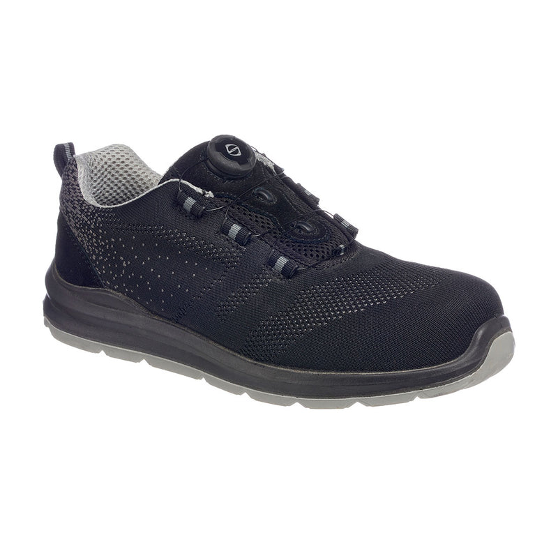 Grey and black knit safety trainer with wire lace system, composite toe, and breathable upper.
