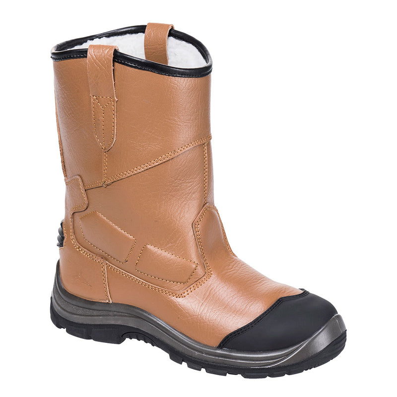 Brown leather rigger safety boot with pull-on loops and rugged, slip-resistant outsole