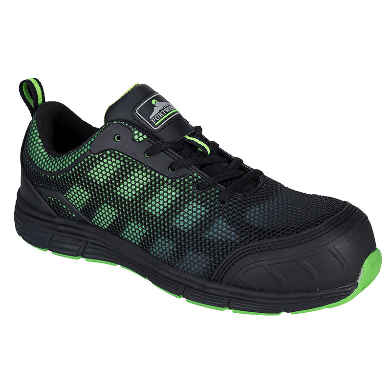 Black and green low-cut composite safety trainer with padded collar