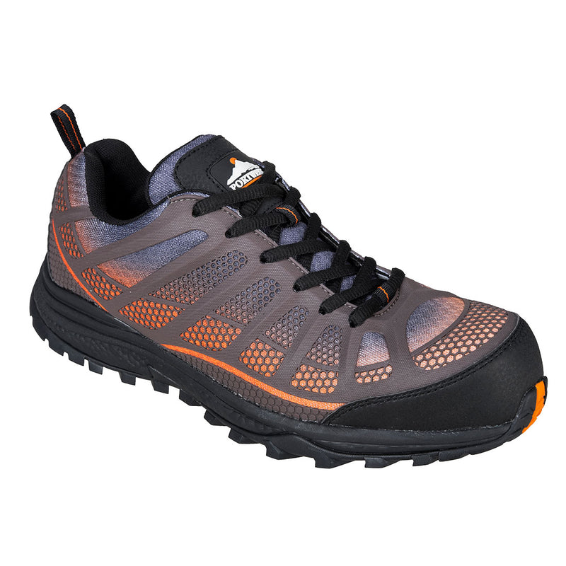 Brown and orange low-cut safety trainer with composite toe protection