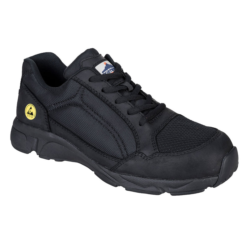 Black safety trainer with ESD protection and composite toe