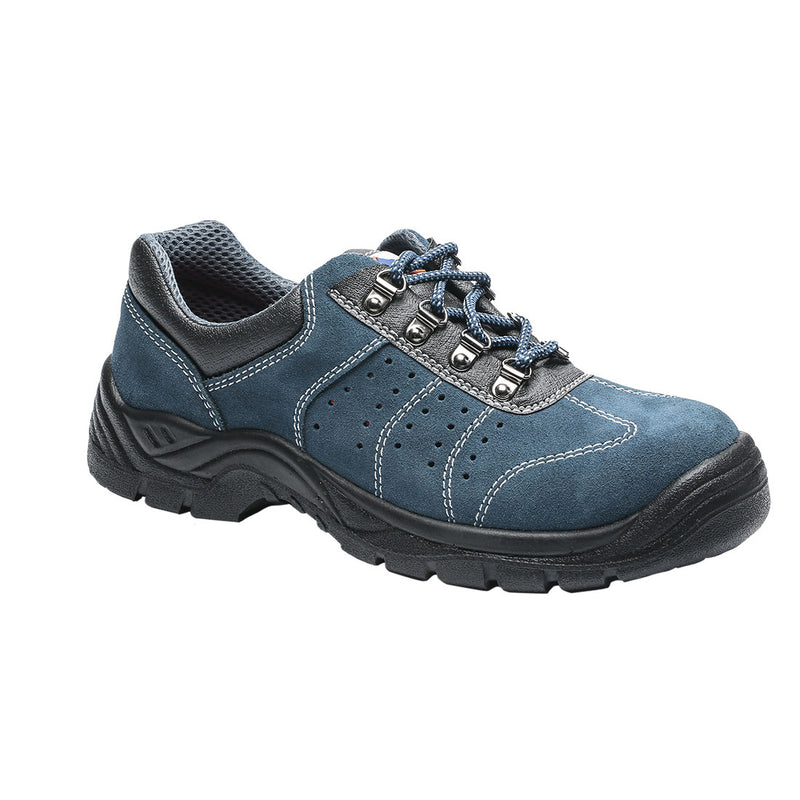 Blue perforated safety trainer with breathable panels and white sole
