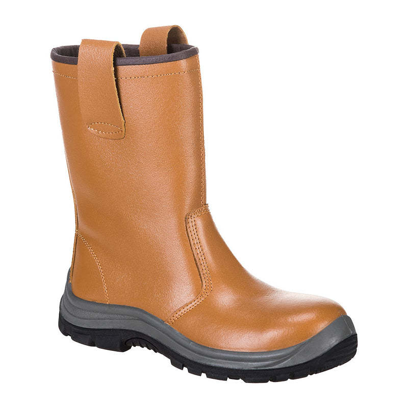Tan rigger boot with pull-on loops and rugged slip-resistant sole