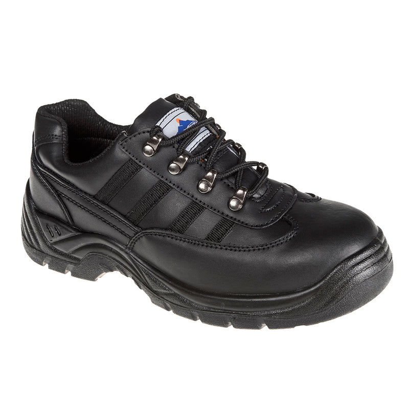 Black safety trainer with steel toe, breathable mesh panels, and anti-slip sole for active workplace roles.