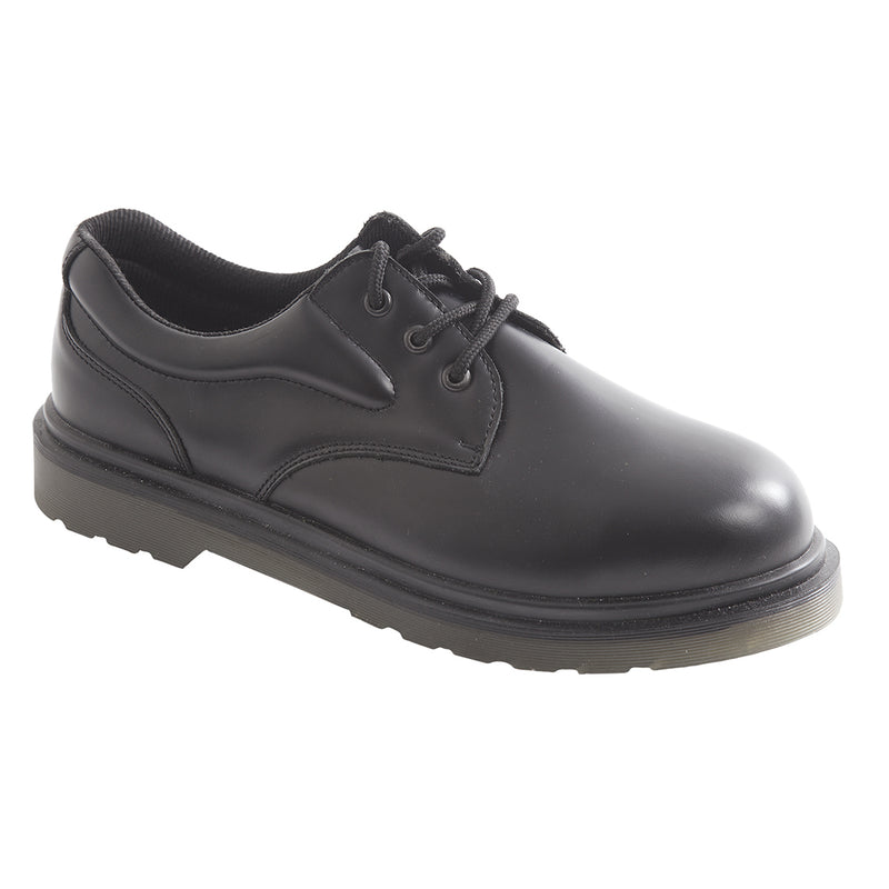 Black safety shoe with air-cushioned sole, steel toe, and lightweight design for comfort and protection.