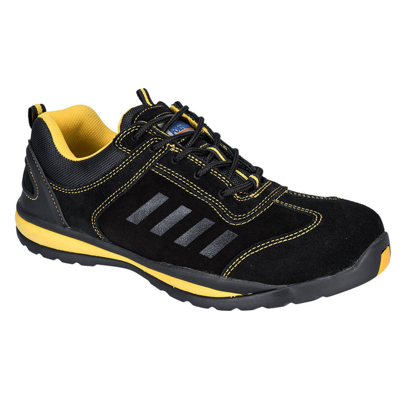 Black safety trainer with steel toe, mesh upper, and lightweight, anti-slip sole for everyday workplace safety.
