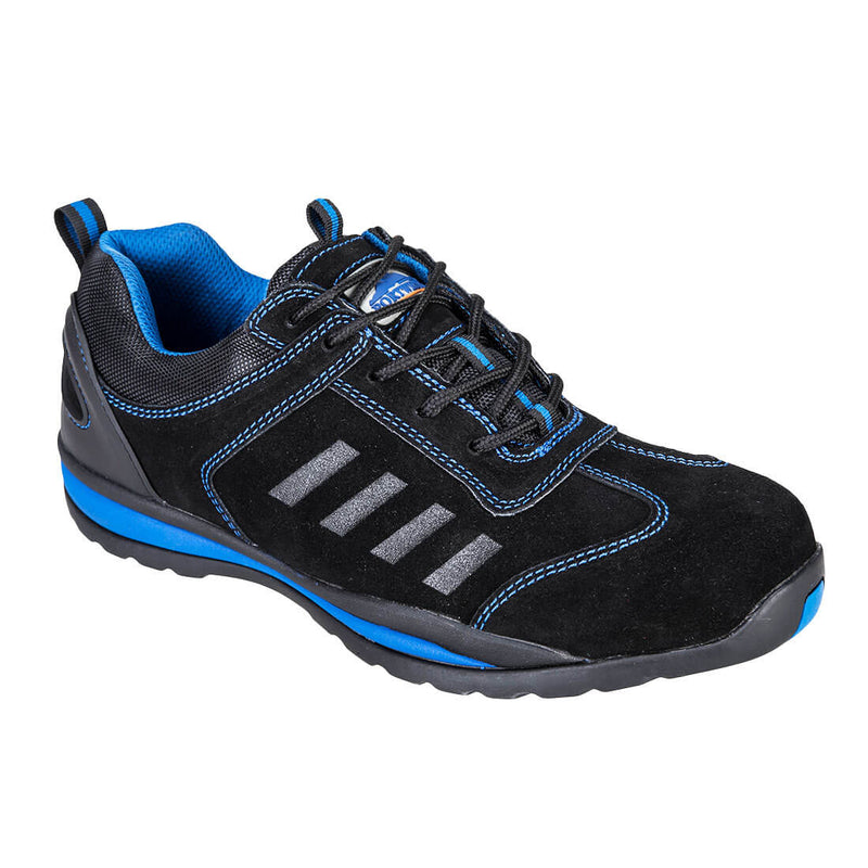 Blue safety trainer with steel toecap, breathable mesh, and cushioned sole for comfort and safety.