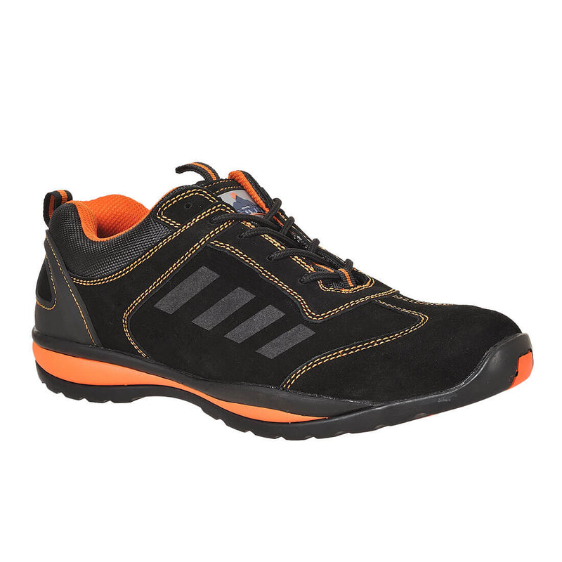 Orange safety trainer with steel toe, mesh upper, and anti-slip sole, ideal for active work environments.