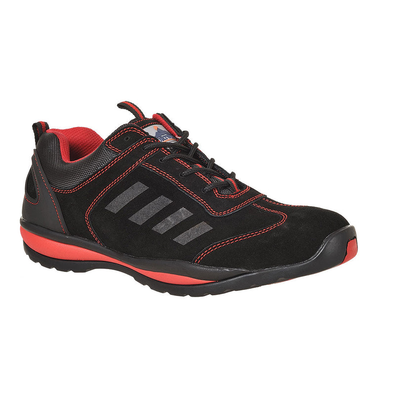 Red safety trainer with steel toecap, breathable mesh, and slip-resistant sole for secure workplace movement.