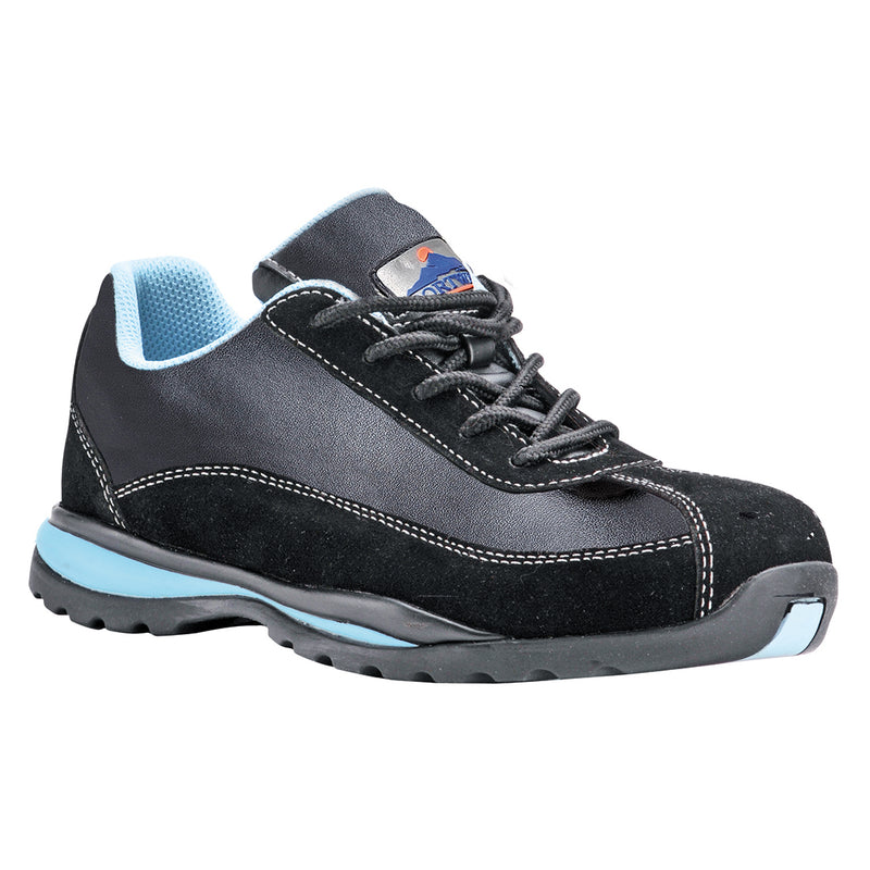 Black women's safety trainer with pink trim and cushioned sole for comfort and protection.