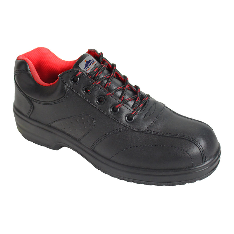 Black women's safety shoe with low profile design and slip-resistant sole for workplace safety.