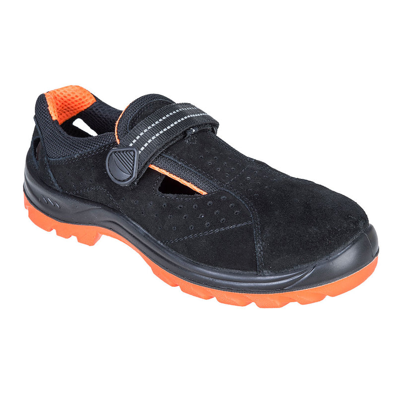 Black safety sandal with perforated upper, adjustable strap, and protective toe cap.