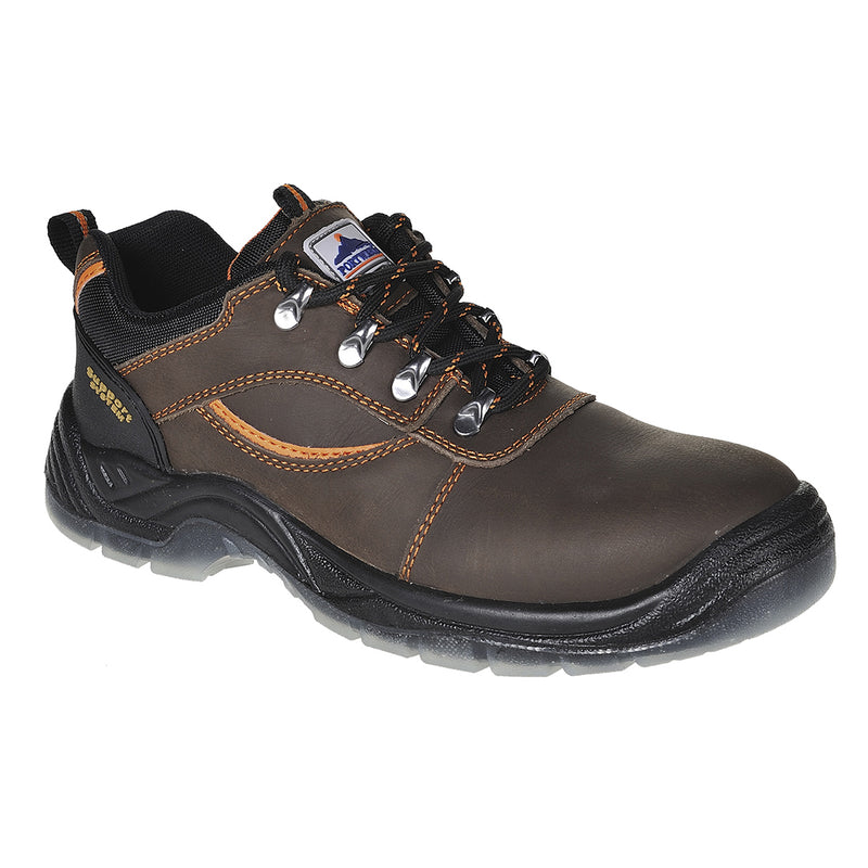 Brown safety shoe with reinforced toe, padded collar, and durable outsole for tough environments.