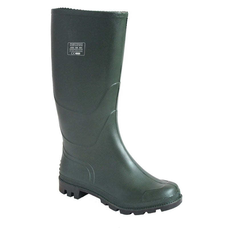 Green PVC wellington boot with reinforced toe and anti-slip sole for agricultural work.