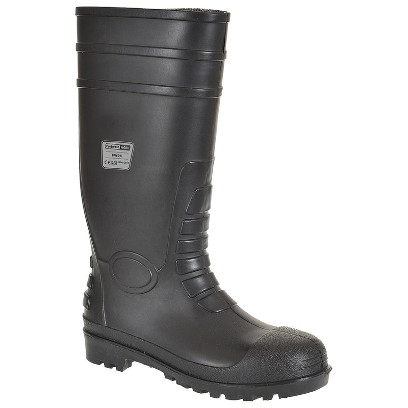 Black classic safety wellington with steel toe and slip-resistant sole for general industrial use.